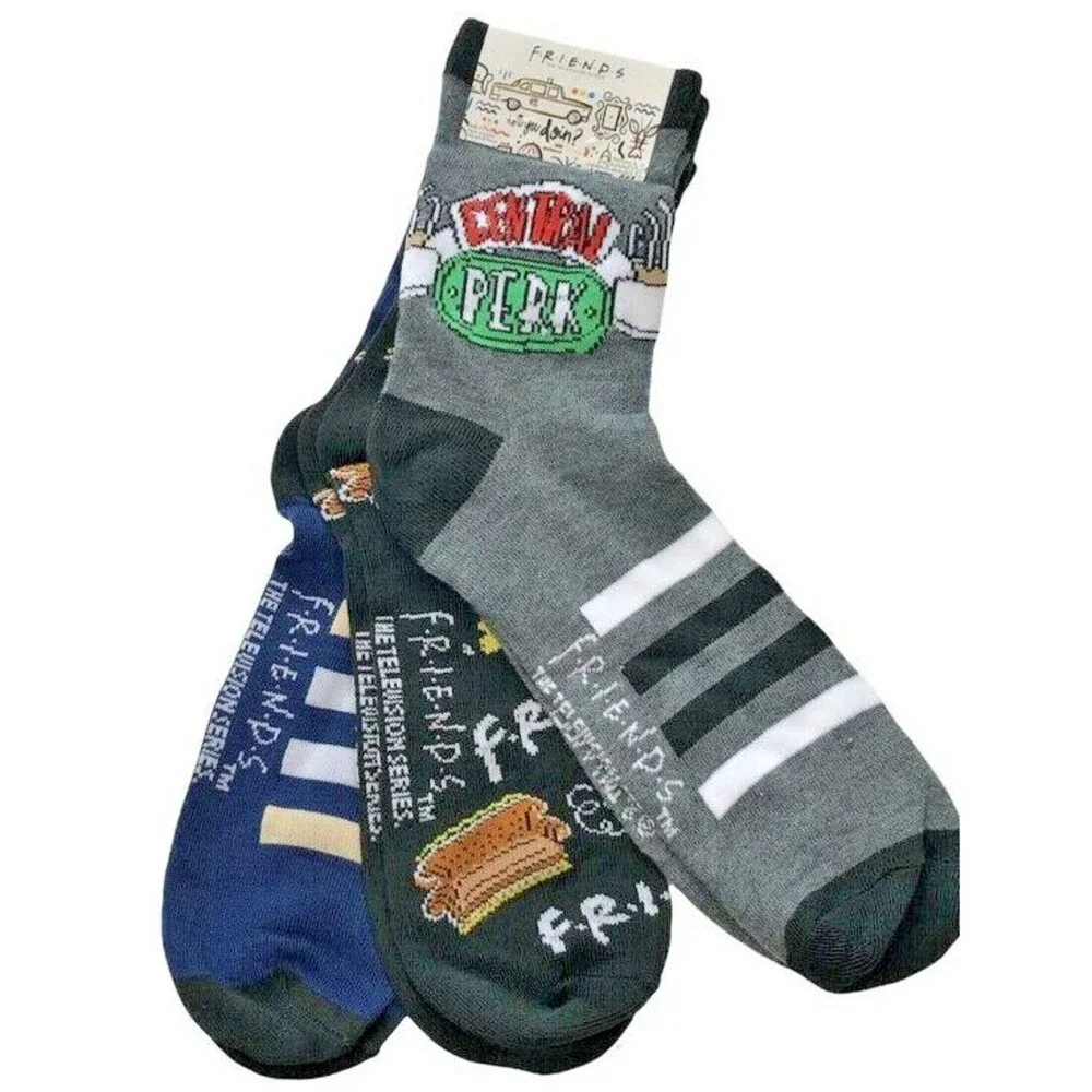 Friends Central Perk 3 Pair Socks Mens Ladies Couch Marcel Monkey Shoe Sz 6-12